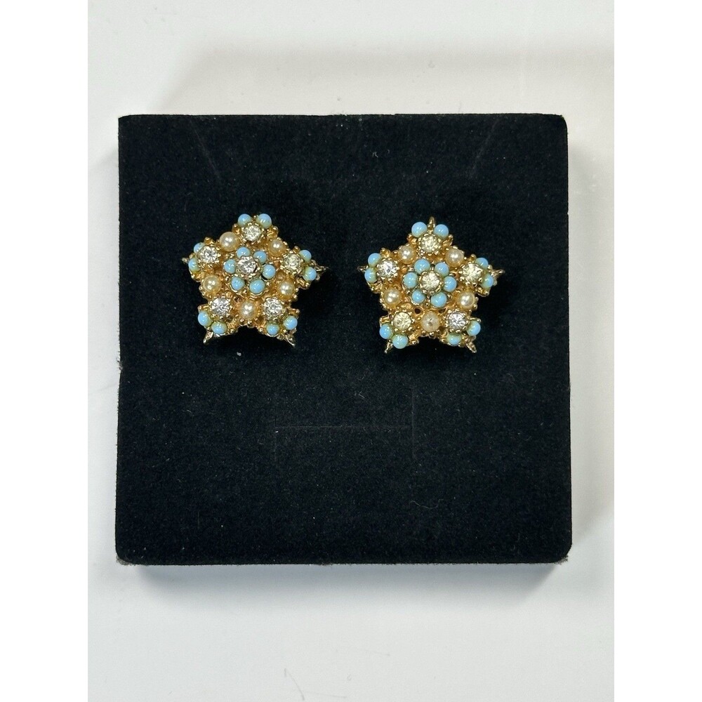 Rhinestones Faux Pearl Turquoise Beads Star Earrings Golden Tone Studs Vintage